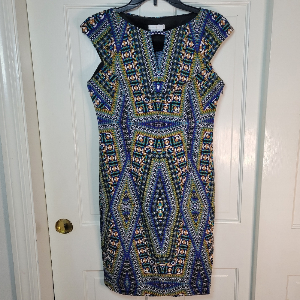 London Times Blue and Green Patterned Shift Dress Size 4